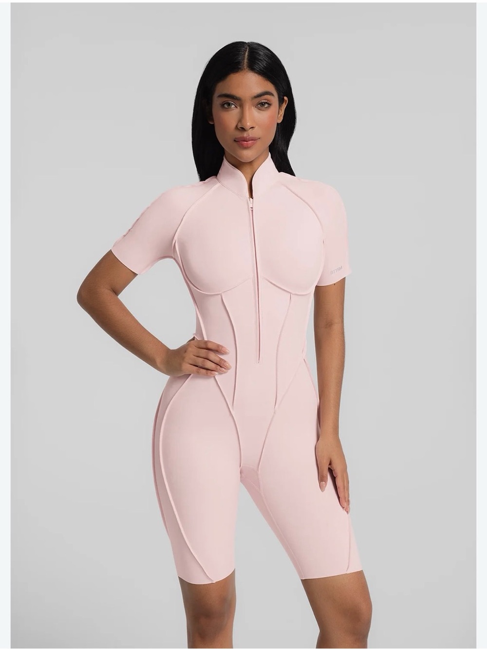Women’s Light Pink Short-Sleeve Zip-Front Sculpting Jumpsuit